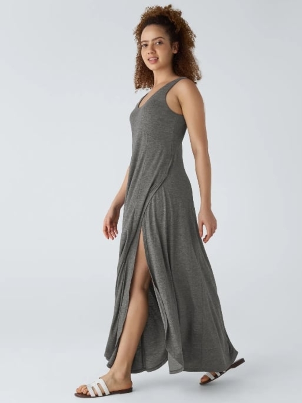 Sleeveless Gray Maxi Dress with Double Side Slit SZ M